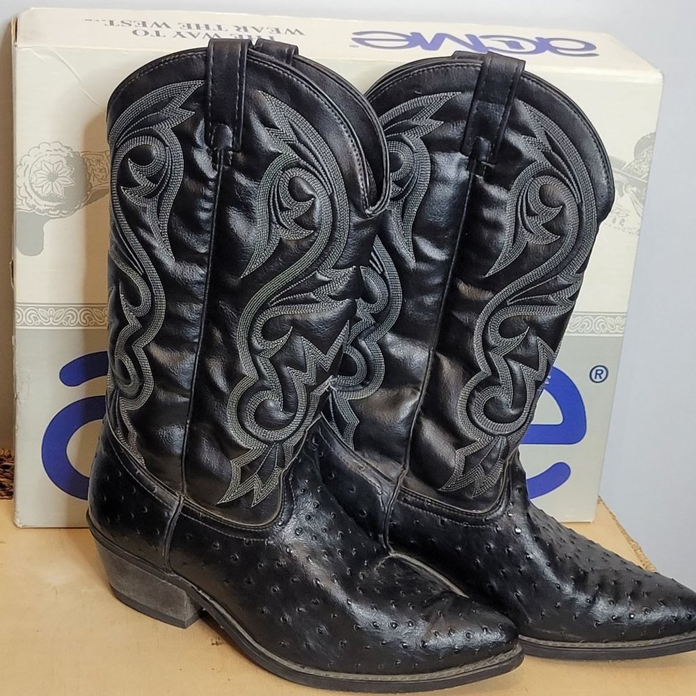 Vintage Acme Cowboy Boots Ostrich Print Mens 8.5 EW Black Original Box 80s